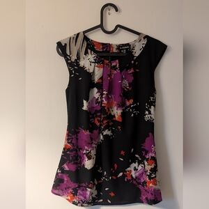 Le Chateau Black Floral Cap-Sleeve Blouse with Purple & Red Accents